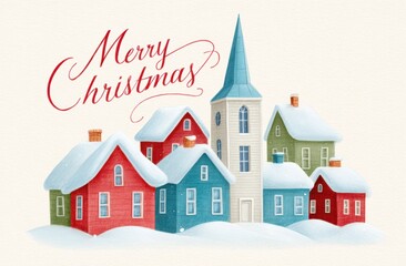 Fototapeta premium Whimsical vintage christmas card with snowy village of colorful houses and tall blue steeple church, red “merry christmas” script above, soft winter tones on cream paper background