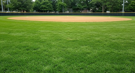 Fototapeta premium Vibrant green, freshly cut baseball field grass, meticulously maintained and perfect for summer sports and outdoor recreation. Ideal for backgrounds ,game ,trimmed ,fresh