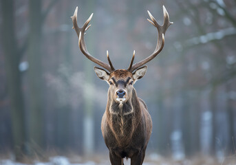 Fototapeta premium Majestic red deer stag standing in a snowy forest, facing the camera with its antlers prominently displayed.
