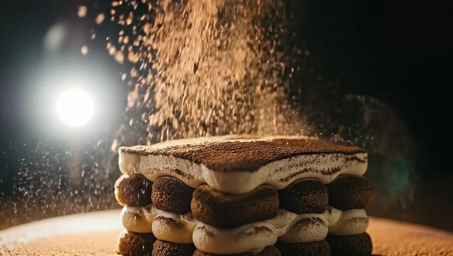 Close-up of a layered dessert with cocoa powder being sprinkled, with a bright light