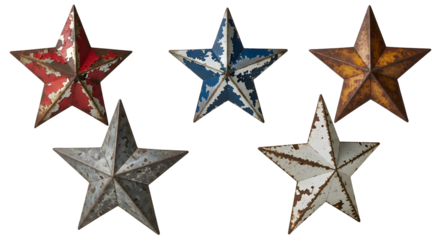 Rustic distressed metal stars evoke vintage Americana charm and patriotic spirit