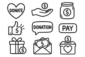 Charity and donation linear icon set. featuring heart, hand, jar, thumbs up, speech bubble, gift, envelope, box