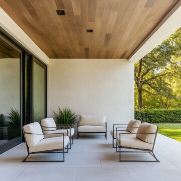 Modern Patio with Wood Ceiling and White Armchairs, Outdoor Living, Architecture