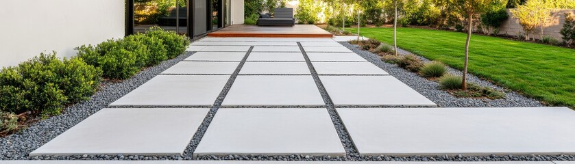 Obraz premium Modern Square Stone Pathway with Gravel and Green Lawn,Landscape design ,Outdoor decor