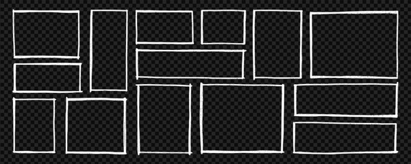 Crayon text boxes and frames doodle set. Rectangle and square shapes, grunge chalk borders in sketch style. Hand drawn vector illustration isolated on black background