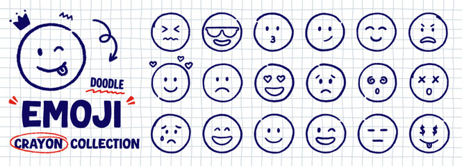 Crayon emoji face doodle set. Chalk blue pen icons with emotions, hand drawn kids smile in sketch style. Vector illustration on white checkered notebook paper background