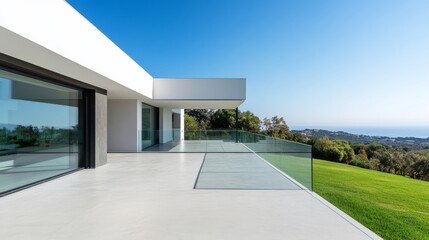 Modern White Villa Glass Balcony View of Green Hillside and Ocean, architecture, luxury