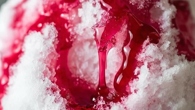 Close-up of a vibrant, red liquid dripping over a fluffy white surface, creating a visually appealing pattern