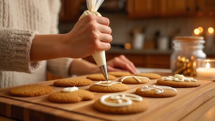 Hand decorating gingerbread cookies with white icing using a piping bag, preparing festive holiday treats on a wooden board in a cozy home kitchen