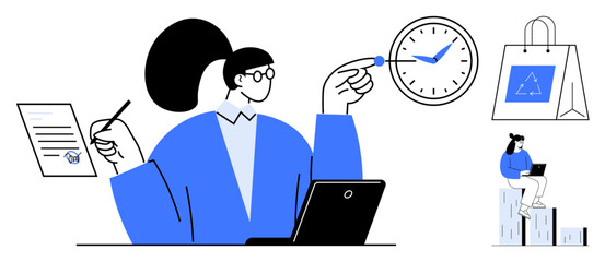 Woman reviewing document, pointing to clock, working on laptop, bag with recycling icon. Ideal for time management, productivity, business planning, sustainability, remote work multitasking simple