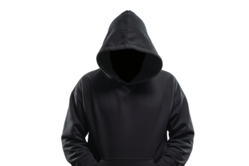 Mysterious figure in a black hooded sweatshirt, perfect for anonymity, crime, or edgy concepts