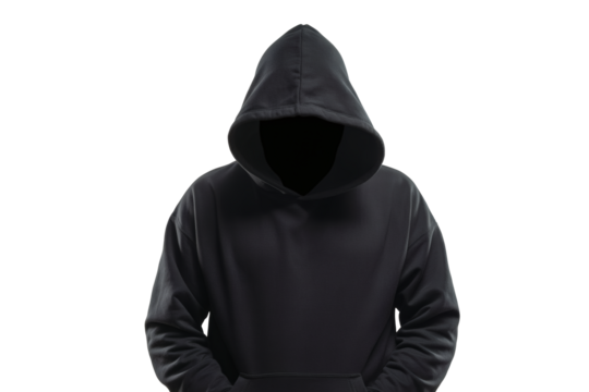 Mysterious figure in a black hooded sweatshirt, perfect for anonymity, crime, or edgy concepts