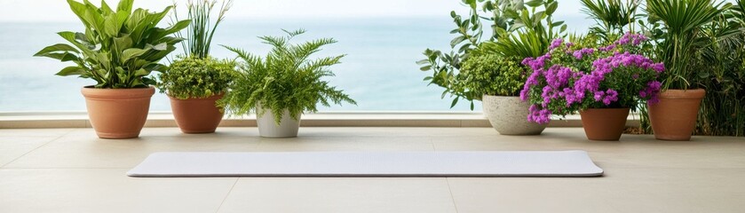 Fototapeta premium Zen Oasis Yoga Mat on Patio with Ocean View and Lush Plants, Wellness ,Serenity