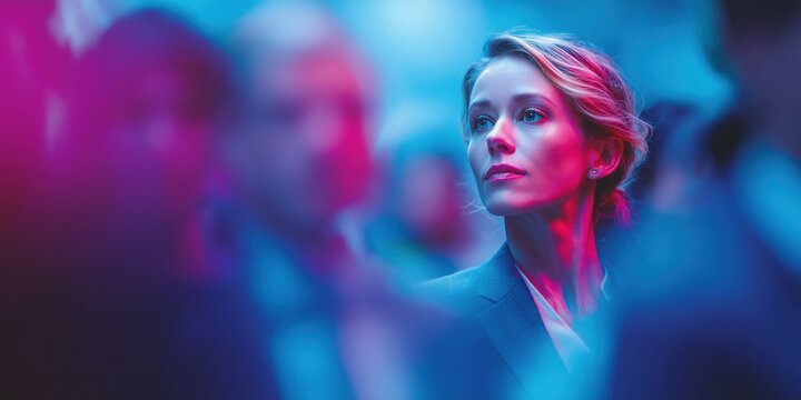 Confident woman in glasses standing still among blurred crowd in neon light