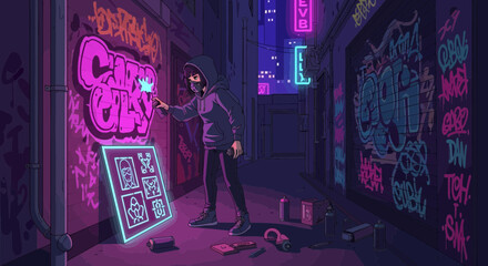 Cyberpunk graffiti artist creating luminous art in a neon-lit urban alleyway