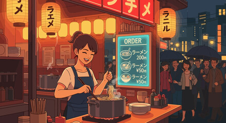 Vibrant ramen stand at night serving customers in a bustling city street scene