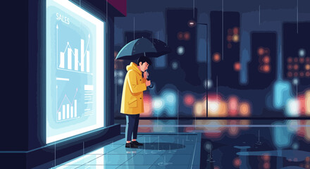 Contemplative analysis: Individual reflects on sales data during a rainy evening