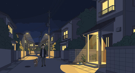 Night stroll: Man and dog wandering through calm suburban residential street