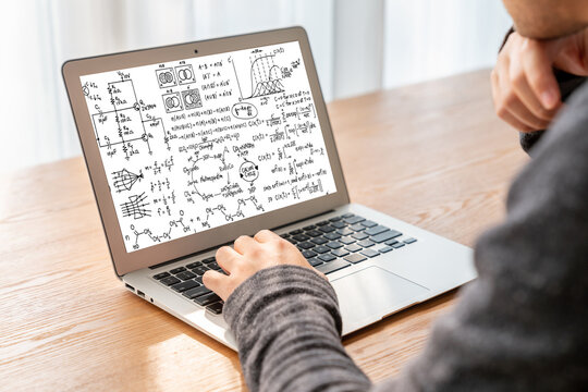 Mathematic equations and modish formula on computer screen showing concept of science and education