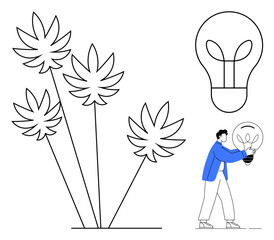Naklejka premium Cannabis plants and light bulbs signifying renewable energy. Person holding a bulb symbolizes green innovation. Ideal for sustainability, renewable energy, eco-friendly ideas, nature, creativity