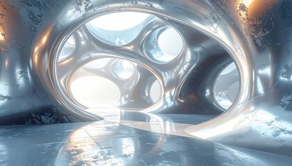 Abstract Silver Organic Forms in a Futuristic Interior