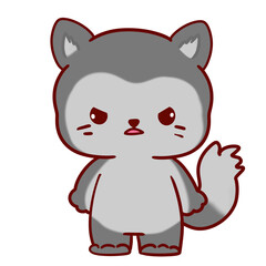 Chibi Style Gray Wolf Character with Red Eyes and Expressive Face on Transparent Background
