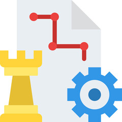 Chess Rook and Gear Symbol on Document Representing Strategy Planning and Development Process in Flat Design Style