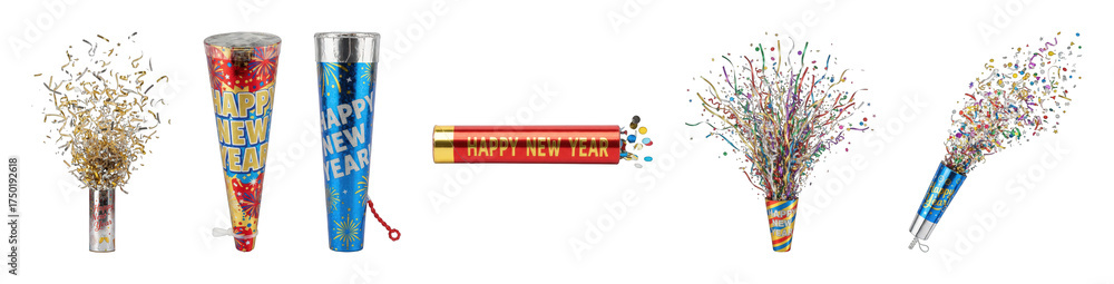 Wall mural celebration confetti popper and party cracker set including exploding and un-exploded elements isola