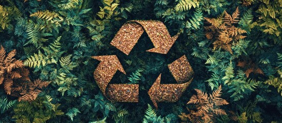 Recycle symbol made from cork among ferns, symbolizing environmental protection