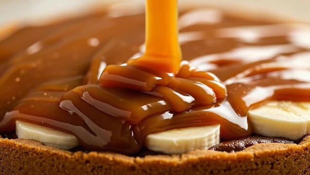 A close-up image captures caramel sauce cascading onto a dessert base, layered with banana slices
