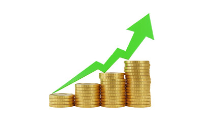 stack of golden coins with a green upward arrow isolated on white background, symbolizing financial growth, investment success, and economic progress