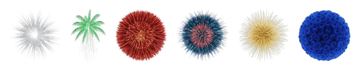 Fireworks set including white, green, red, multicolor, golden, and blue styles isolated. Celebration and festive event graphic elements.