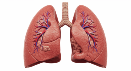 detailed human lungs isolated on white background, depicting anatomy, respiratory system, and medical education in a realistic biological illustration style