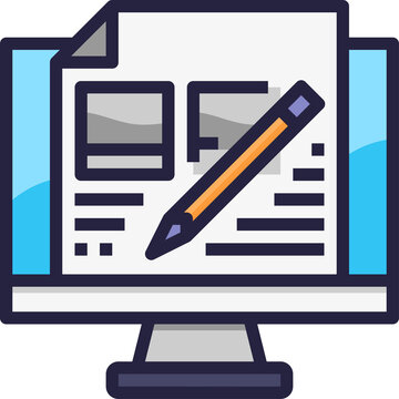 Computer Application With Document Editing And Pencil Icon In Blue And White With Transparent Background