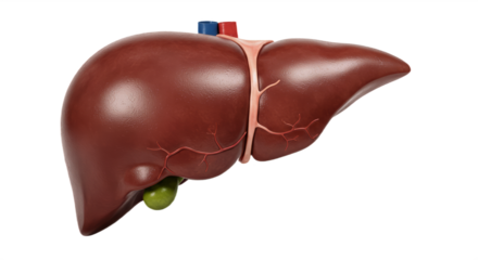 detailed human liver isolated on white background, depicting anatomy, digestive system, and medical education in a realistic biological illustration style