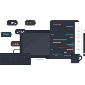 Computer Application Outline Expand with Code Snippets and Programming Language Icons on Transparent Background for Web Development and Software Engineering