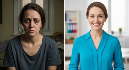 Obraz premium Woman's transformation from depression to happiness. Sad, lonely in a dark corner versus smiling and hopeful in sunlight. Mental health recovery concept.