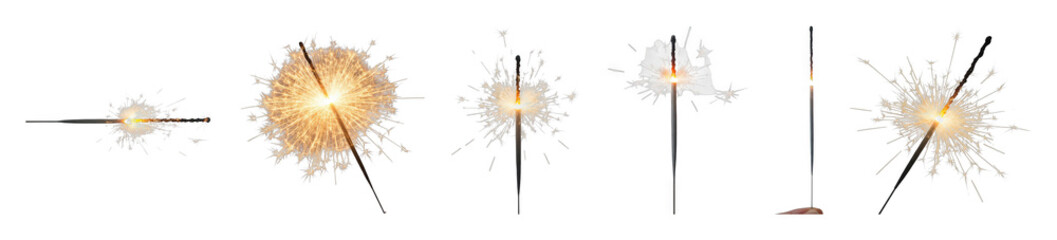 Fototapeta premium Sparkler set including burning, sparking, and glowing stages isolated. Festive celebration and party elements.