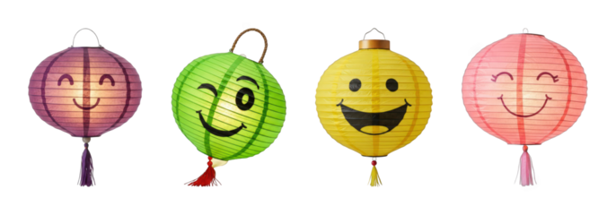 Emoji paper lantern set including purple smiling, green winking, yellow laughing, and pink happy faces isolated. Party and children's room decorations.