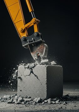 Close-up of a sturdy digging implement breaking apart a solid, cube-shaped object, symbolizing deconstruction and progress ,demolition ,technology ,carve