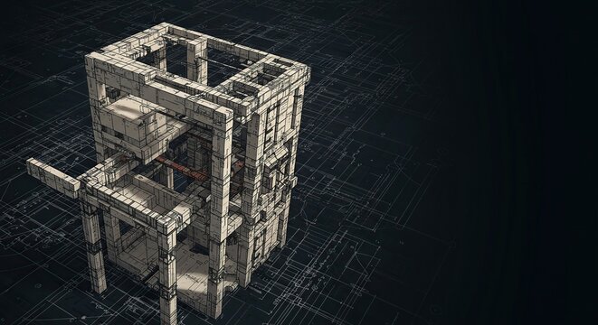Intricate technical drawing illustrating detailed architectural plans for a complex structure, symbolizing careful planning and strategic development ,growth ,design process ,detail