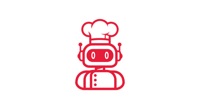 Red outline chef robot, chef hat, robot face, chef jacket