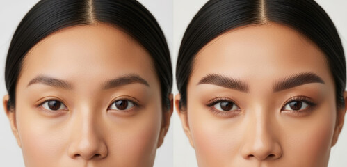 Woman's eye before and after eyebrow shaping and lamination. Comparison shows result of professional beauty treatment. Macro shot perfect for salon, microblading, and makeup concepts.