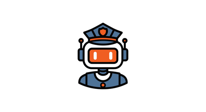 A robot policeman with orange eyes wears a badge-topped cap