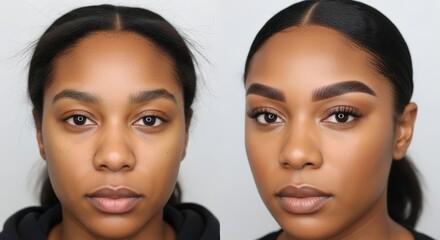 African American Woman's eyebrows before and after correction. Comparison shows result of cosmetic procedure like microblading or permanent makeup. beauty salon, cosmetology, perfect eyebrow shape.