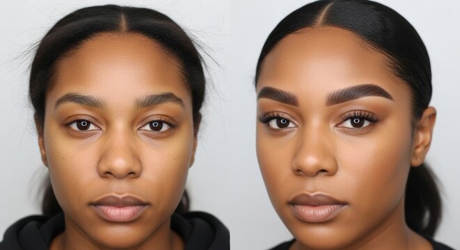 African American Woman's eyebrows before and after correction. Comparison shows result of cosmetic procedure like microblading or permanent makeup. beauty salon, cosmetology, perfect eyebrow shape.