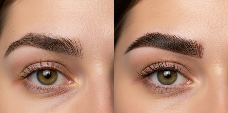 Before and after eyebrow correction. Face of Caucasian woman with result of microblading or permanent makeup, transforming sparse brows into thick perfectly shaped ones for beauty salon, cosmetologist - Powered by Adobe