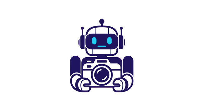 Cartoon robot with blue eyes holding a camera in its hands