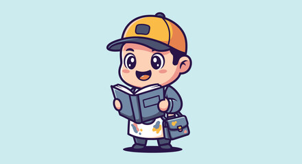 Fototapeta premium Cartoon of a boy reading, wearing an apron and a cap