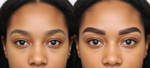Before and after eyebrow correction. Face of Asian woman showing result of microblading or permanent makeup, transforming sparse brows into thick for beauty salon, cosmetologist, permanent makeup
